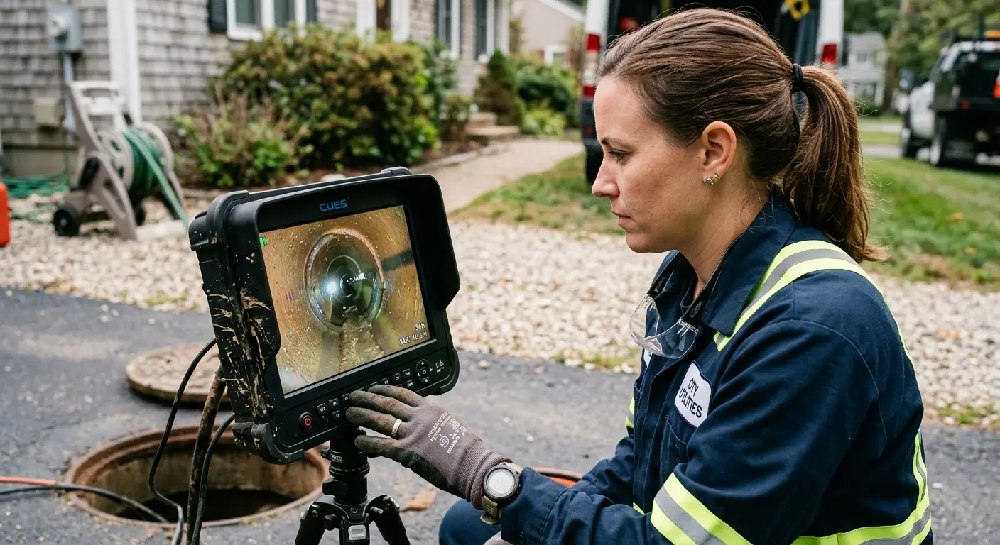 Technician reviewing sewer camera inspection footage in North Lynnwood
