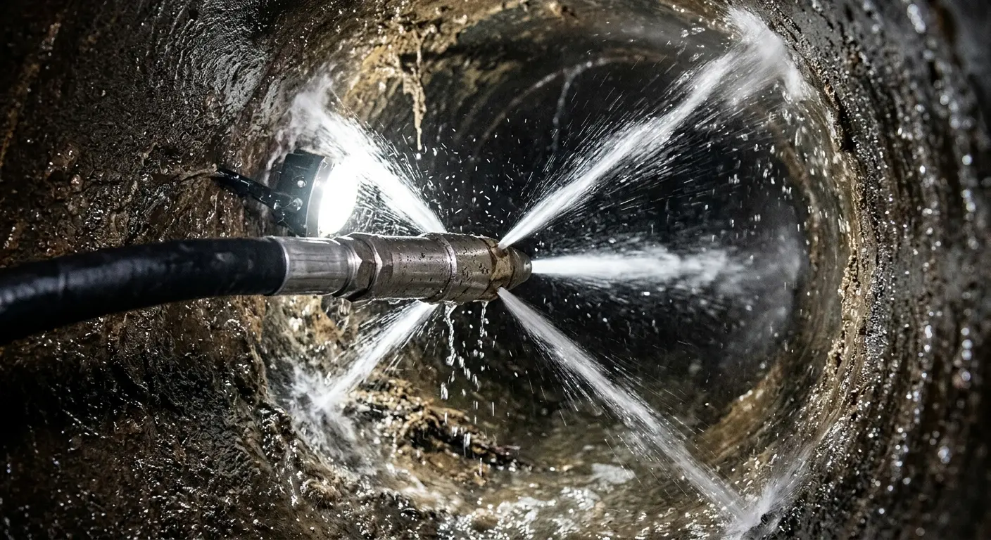 High-pressure hydro jetting nozzle cleaning sewer pipe for Emergency Drain Service in North Lynnwood