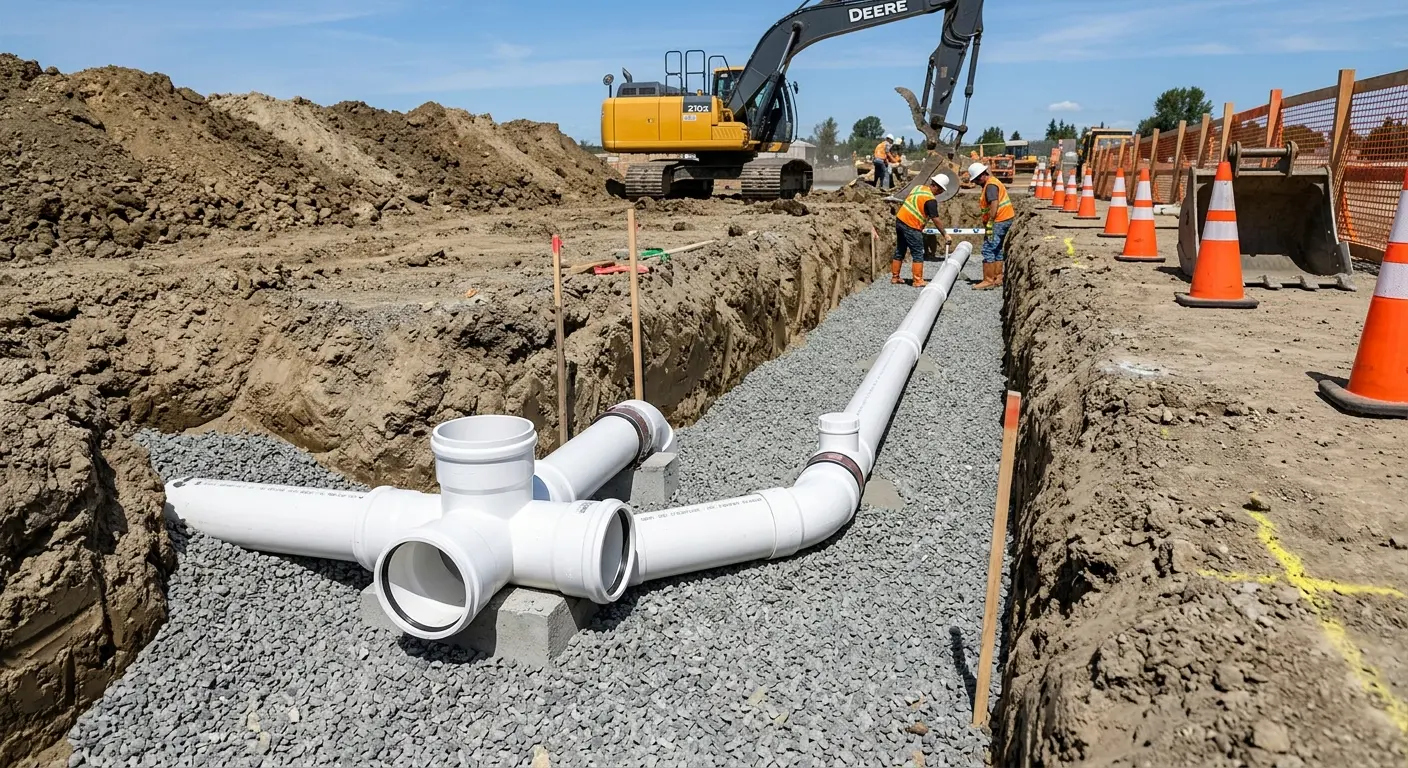 New PVC sewer pipe installation in open trench for Grease Trap Cleaning in North Lynnwood