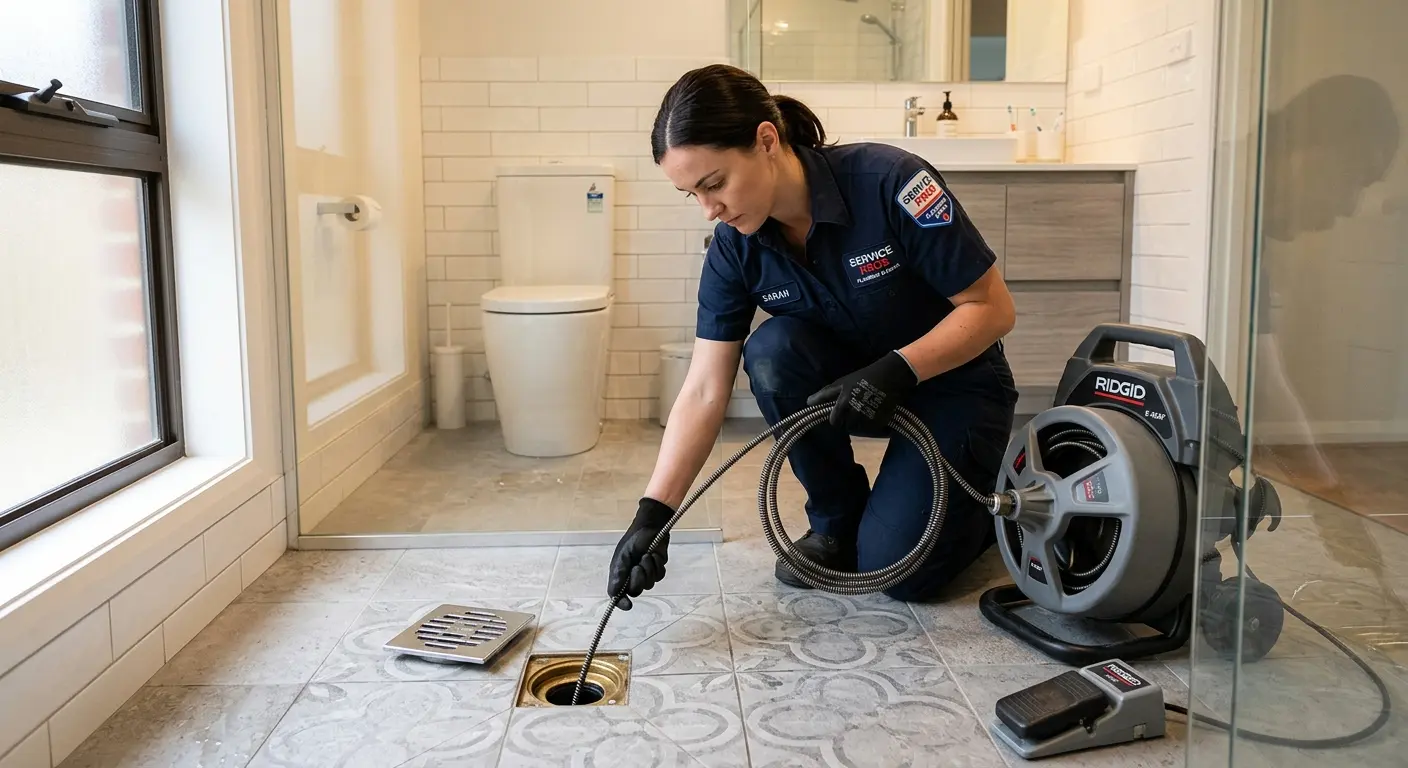 Technician clearing a bathroom floor drain for Sewer Line Installation in North Lynnwood